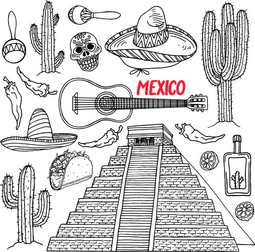 Set sketch mexican items Vector Image