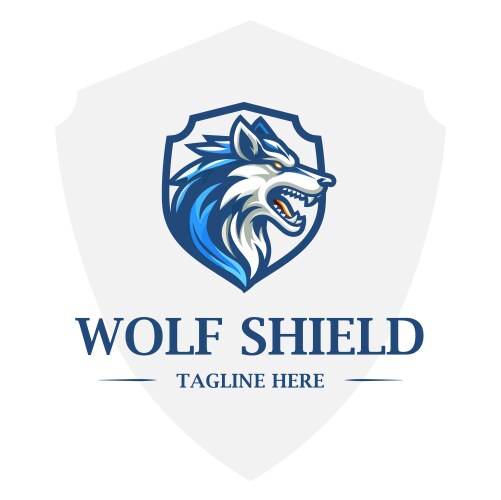 Blue wolf head logo template with shield shape Vector Image