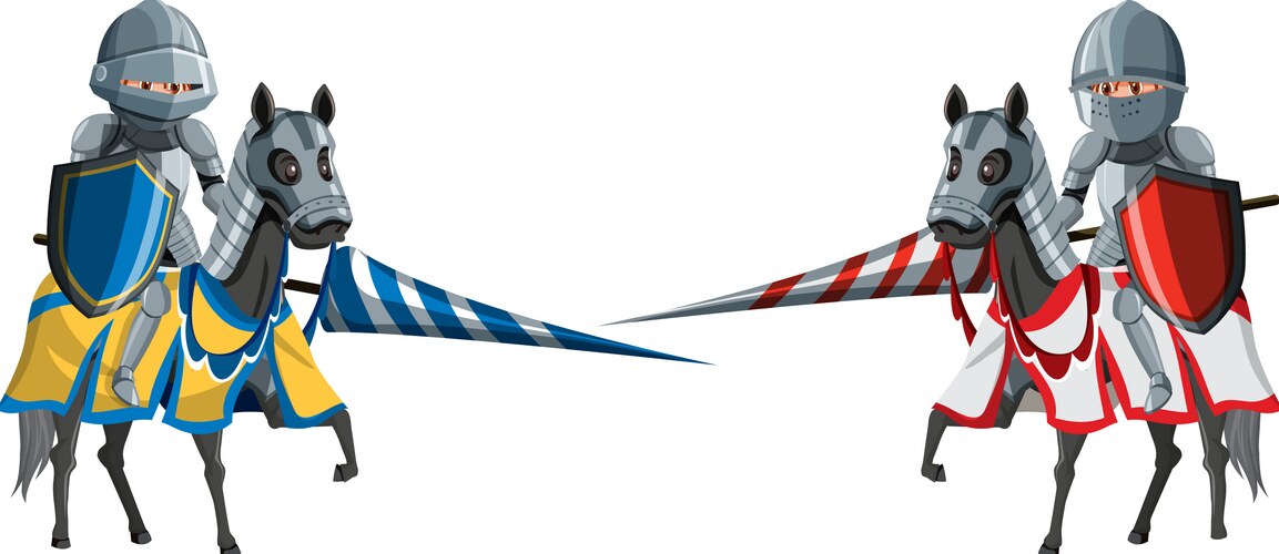 two medieval knights fighting on white background