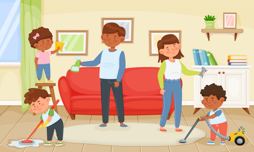 Helping with housework. Семья убирается. parents with kids illustration. семья уборка праздник. семья убирает дом.