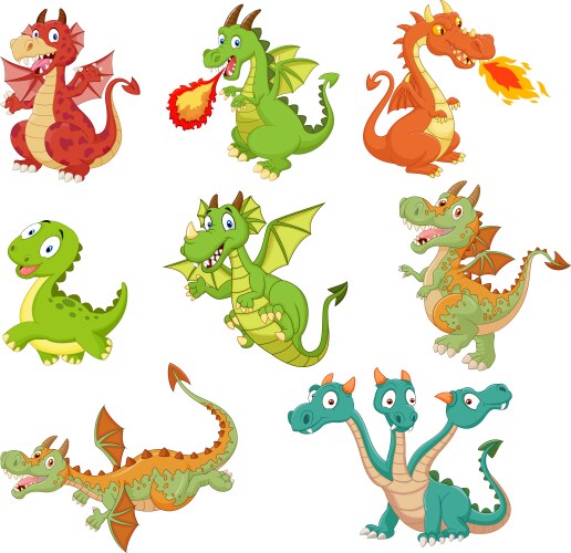 Cartoon Dragon Set - White Background Vector Image