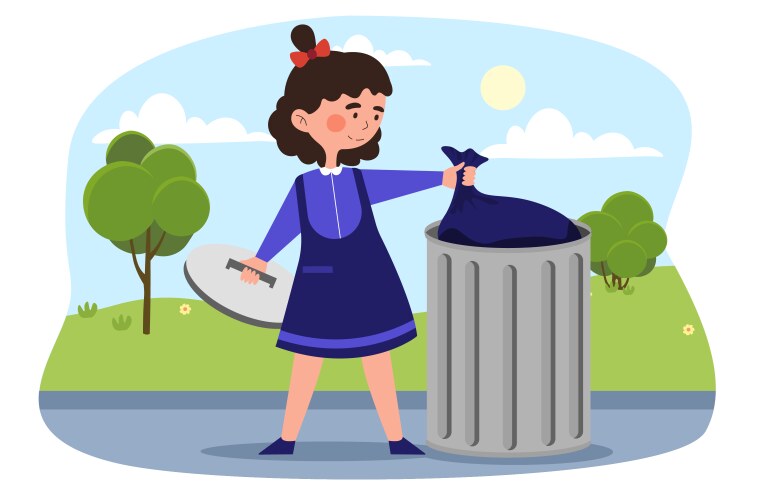 Little smiling girl is taking out trash vector image