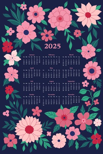 Calendar for 2025 with pink flowers on a blue vector image