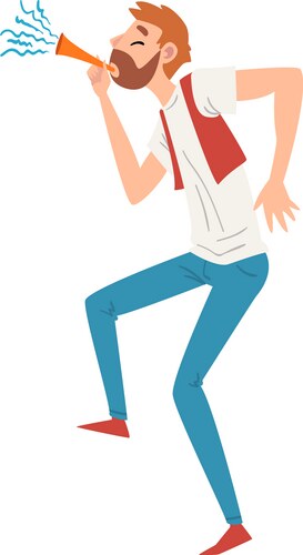 Bearded man blowing party horn celebrating Vector Image