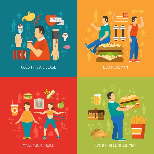 Obesity infographic with fat man eating junk food Vector Image