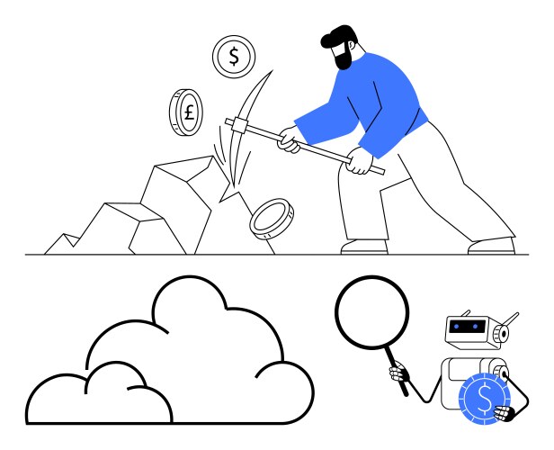 Man mining coins with pickaxe robot analyzing vector image
