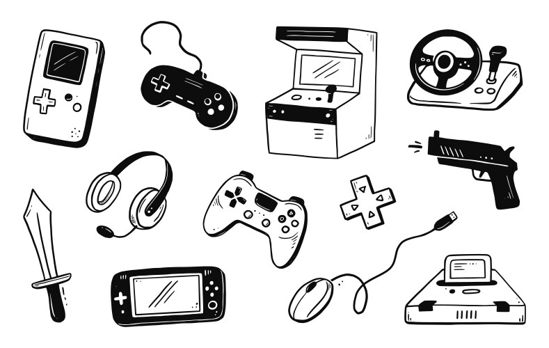 video game hand drawn doodle set gamer vector image