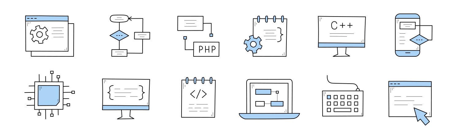 coding and programming doodle icons set vector