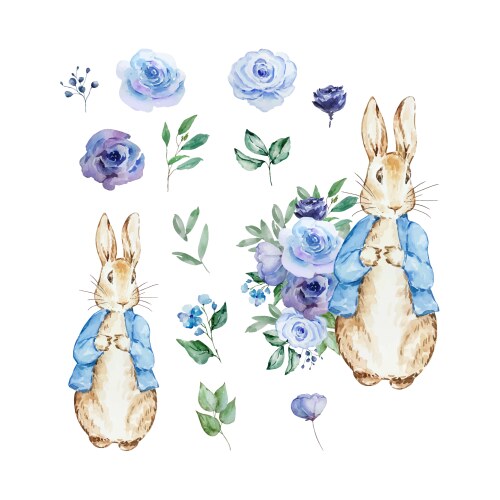Watercolor Rabbit with Floral Accents Vector Image