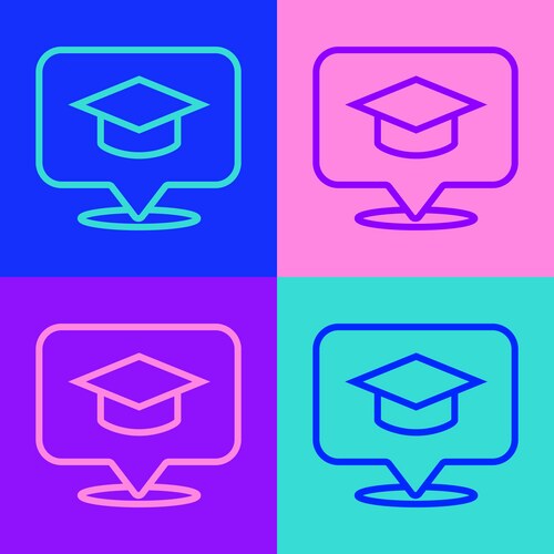 Pop art line graduation cap in speech bubble icon Vector Image