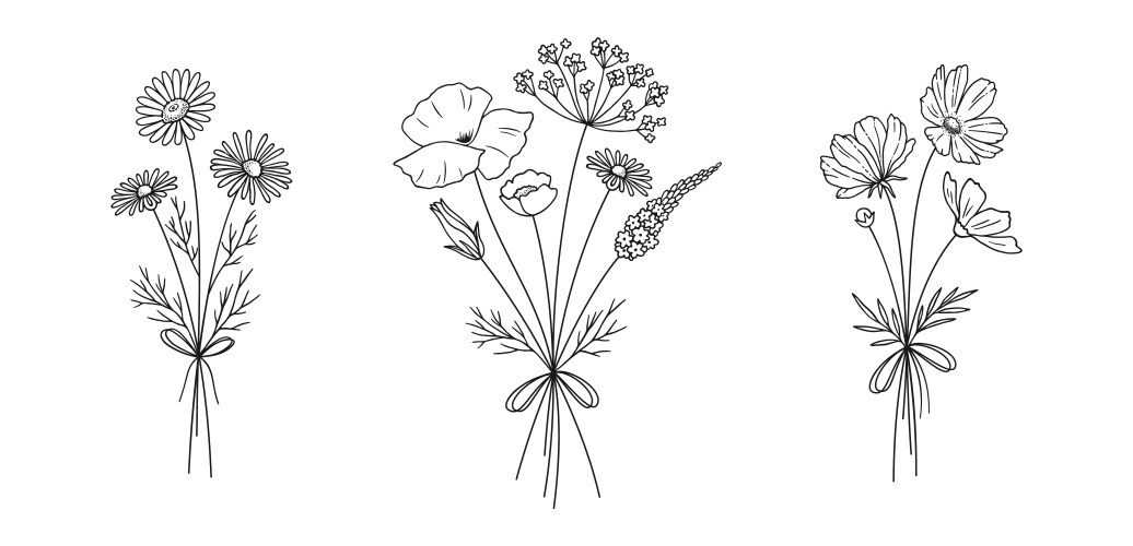 Floral line art bouquets set vector image