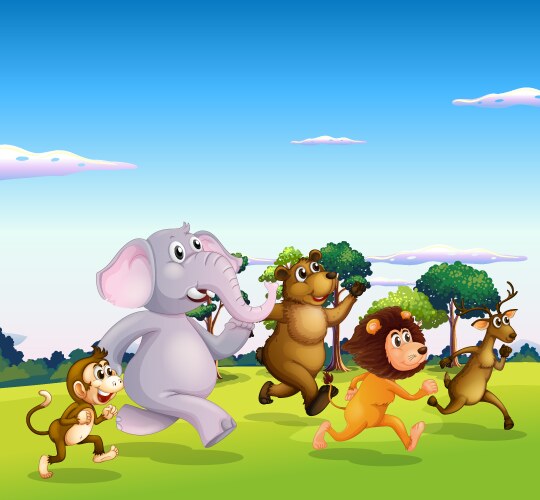 five wild animals running vector