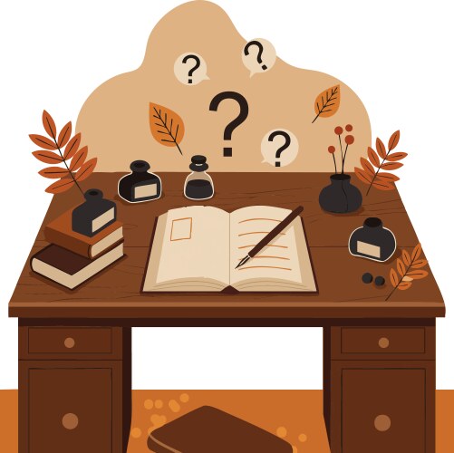 Writing desk with open notebook and ink bottles vector image