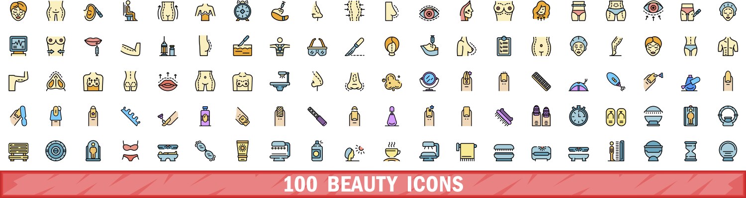 100 beauty icons set color line style vector image