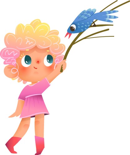 Little girl and bird playing kid character cartoon Vector Image