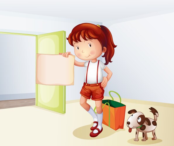 A girl holding blank paper with bag and dog Vector Image