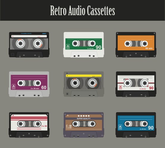 Cassette tapes patches flat set Royalty Free Vector Image