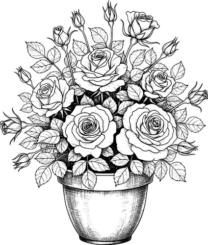 Elegant Rose in Pot - Black & White Vector Image
