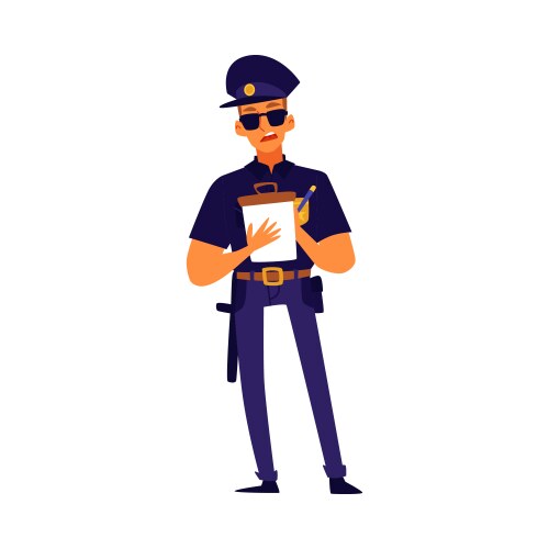 cartoon police officer writing a ticket - serious vector image