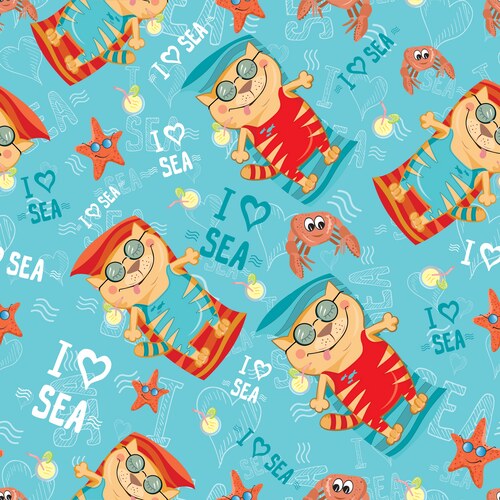 Tropical Cat Beach Pattern Vector Image