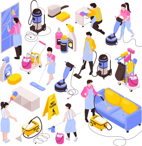 Cleaning works isometric flowchart Royalty Free Vector Image