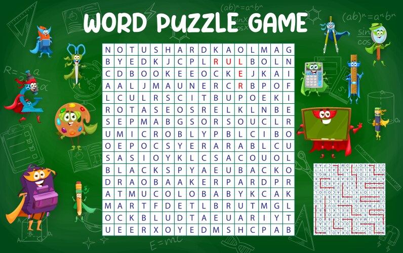 Word search puzzle with cute school hero character vector image