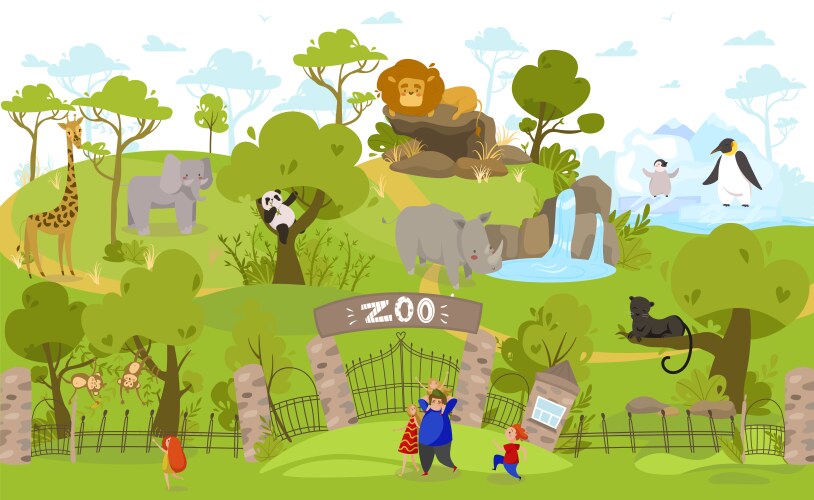 Happy family going to zoo exotic animals cartoon vector image