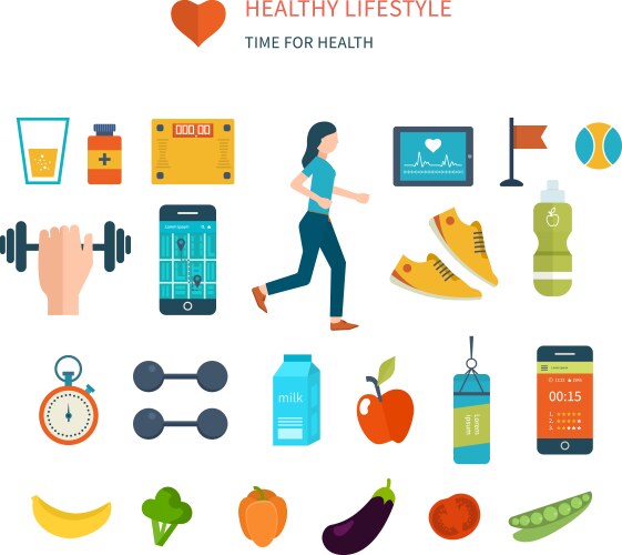 modern flat icons of healthy lifestyle vector image