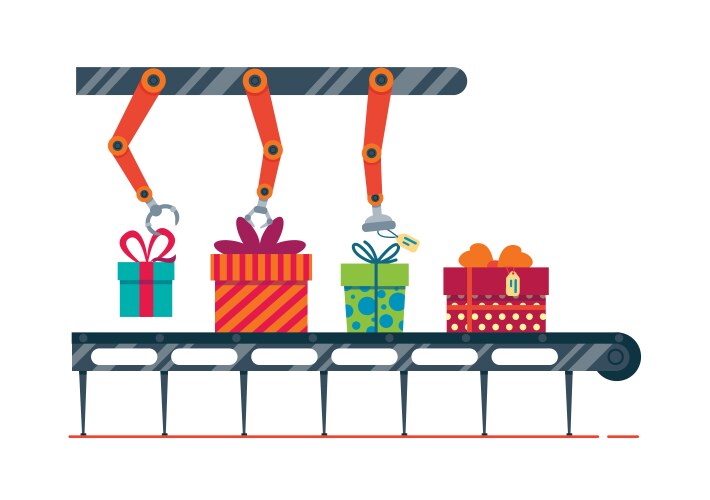 Festive gifts conveyor magic factory packs vector image