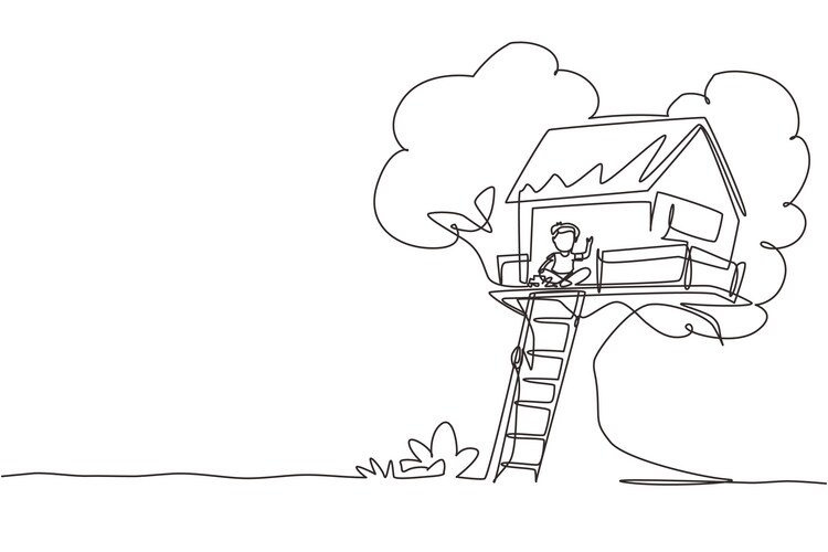 Continuous one line drawing child on tree house Vector Image