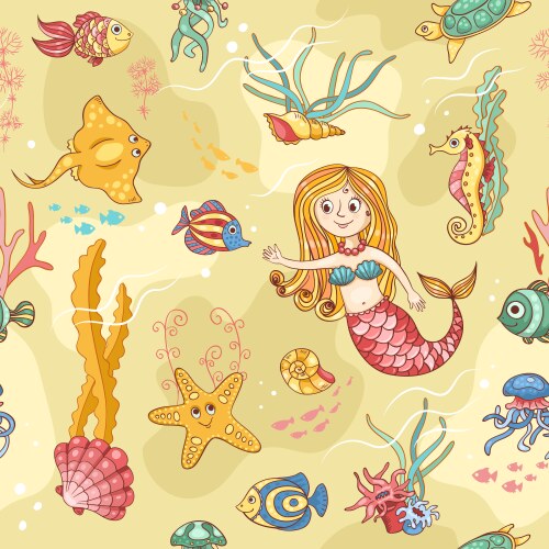 Yellow Mermaid Seamless Pattern Vector Image