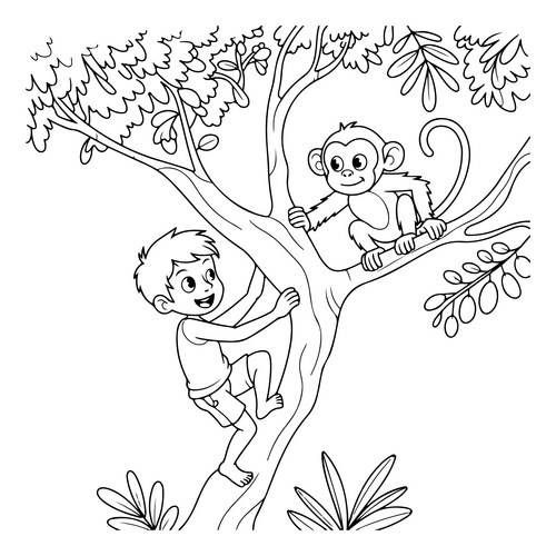 Boy climbing a tree with monkey sitting Vector Image