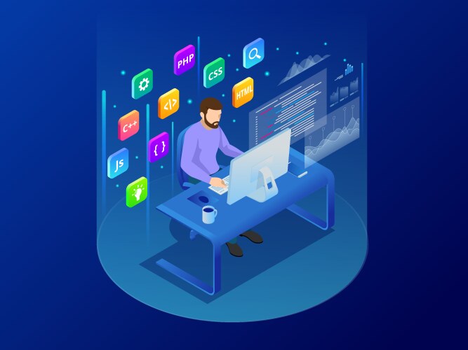 Isometric developing programming and coding vector image