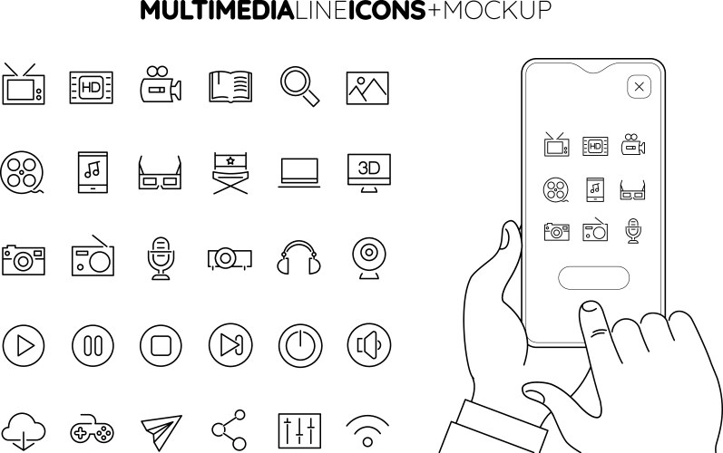 line multimedia icon set with hands holding vector image