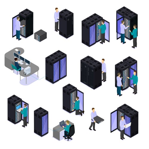 people in data center isometric set vector image