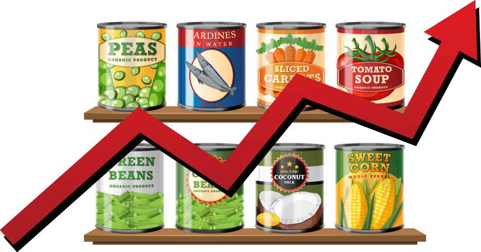 Various canned goods displayed with rising arrow Vector Image