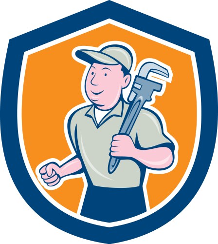 Cartoon Plumber with Wrench Shield Vector Image