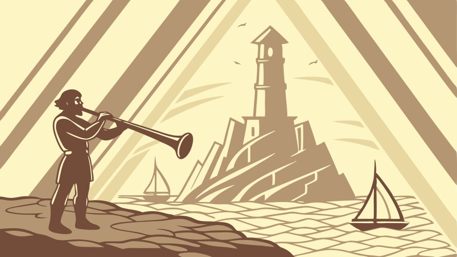 Man blowing horn by lighthouse at sea design Vector Image