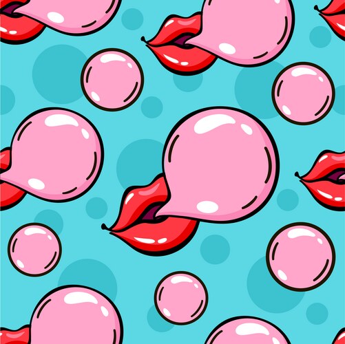 Lips blowing bubble gum seamless pattern 70s 80s Vector Image