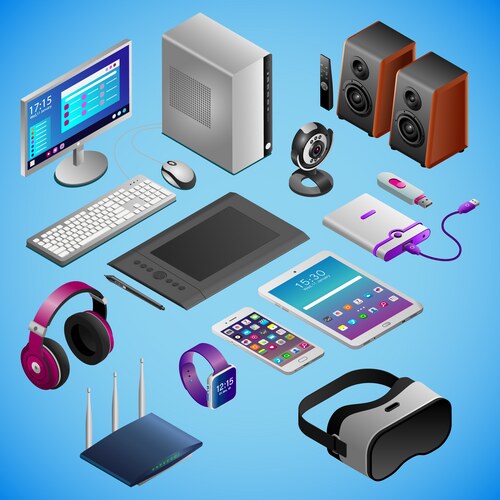 Desktop pc and digital gadgets in isometry Vector Image