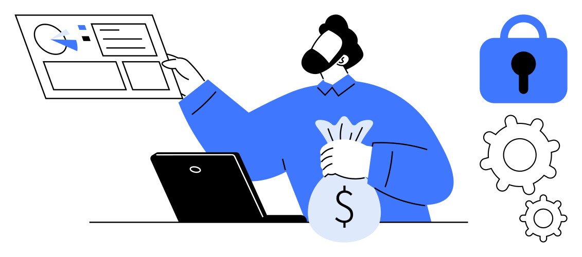 Man with money bag analyzing data on computer vektorbild