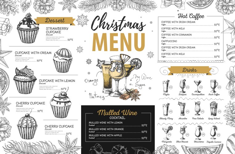 hand drawing christmas holiday menu design vector image