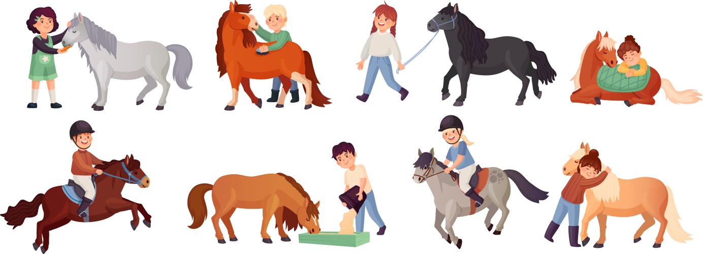 kids care horses little equestrians riding vector image