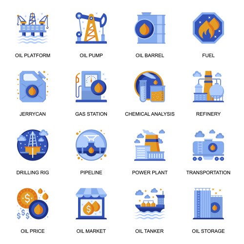 Oil industry icons set in flat style platform vector image