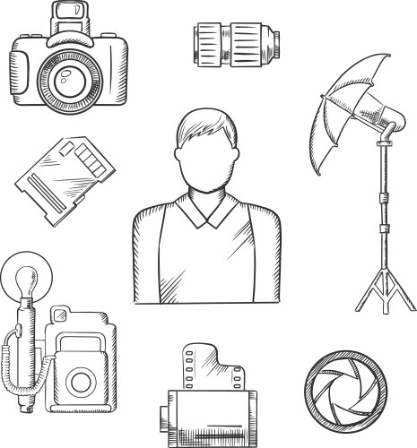 photographer with equipment and items sketches vector image