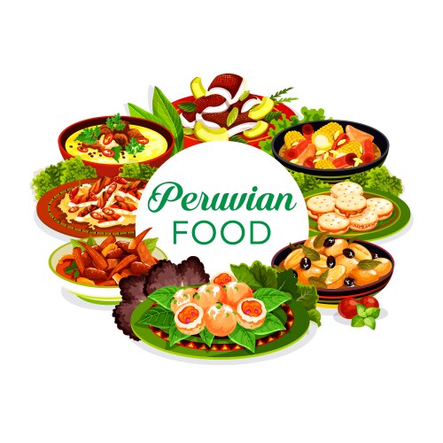 Peruvian cuisine menu fish meat vegetable food Vector Image