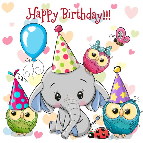 Cute Elephant Birthday Card with Owls Vector Image