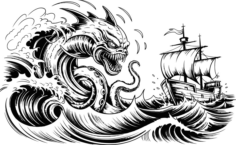 Kraken Attacks Sailing Ship – Royalty-Free Vector | VectorStock