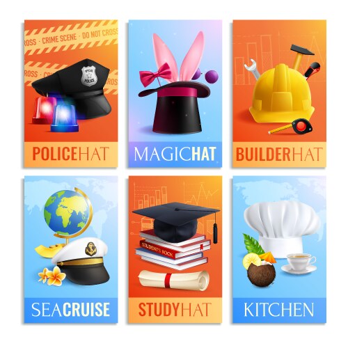 Different professions hats cards set vector image