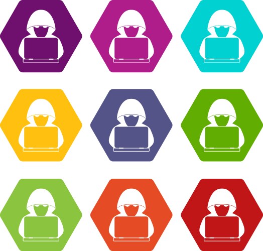 Computer hacker with laptop icon set color vector image